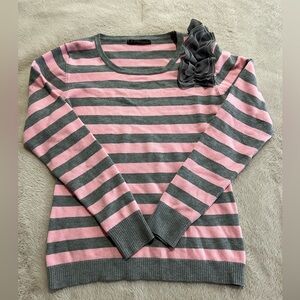 Striped Crewneck Sweater with Shoulder Flower - Pink & Gray